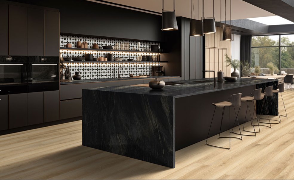 Laurel Reserve Hyde Haven - Luxury Vinyl Flooring featured in a dark tone modern kitchen