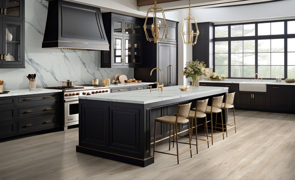 Laurel Shasta Grove - Luxury Vinyl Flooring featured in a beautiful black kitchen