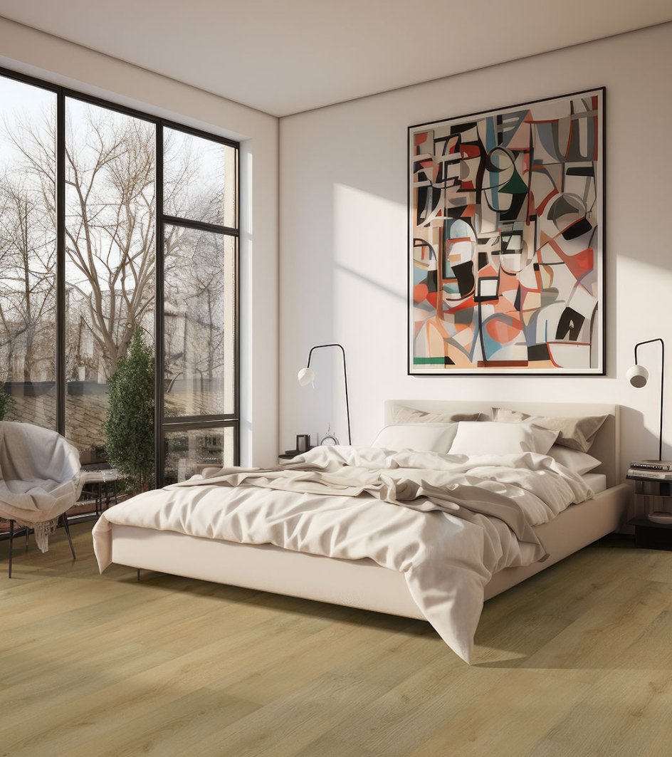 Laurel Tranquilla - Luxury Vinyl Flooring featured in a modern master bedroom