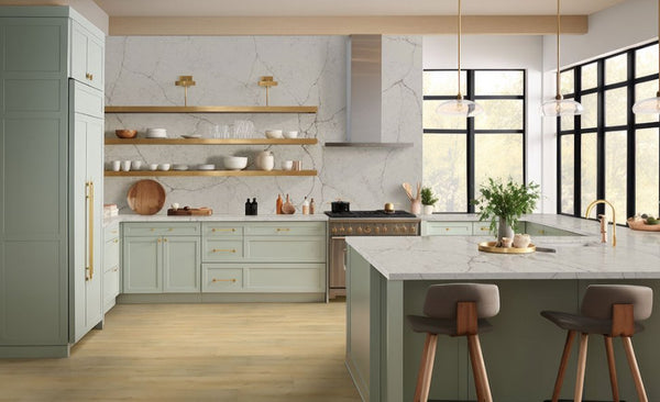 Laurel Tranquilla - Luxury Vinyl Flooring featured in a mint green elegant kitchen