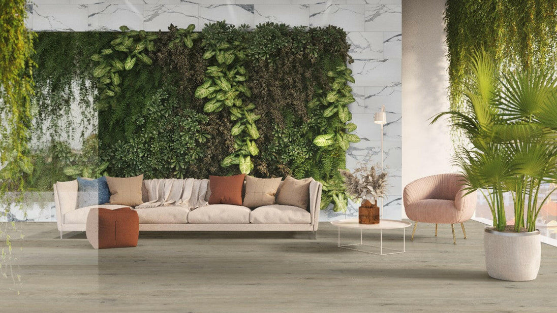 MSI Cyrus Runmill Isle - Luxury Vinyl Flooring feautured in a living room with a vertical garden wall