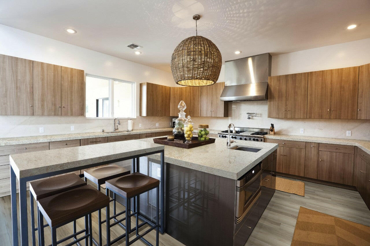 MSI Prescott Akadia LVP Flooring - Luxury Vinyl Flooring featured in a midcentury modern style kitchen