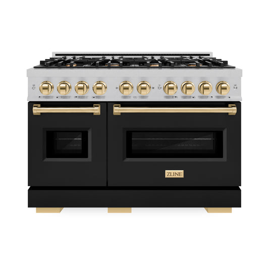 ZLINE Autograph Edition 48 in. 6.7 cu. ft. Classic Double Oven Gas Range with 8 Burner Cooktop in DuraSnow® Stainless Steel with Black Matte Doors and Polished Gold Accents (CGRSZ-BLM-48-G)