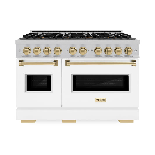 ZLINE Autograph Edition 48 in. 6.7 cu. ft. Classic Double Oven Dual Fuel Range with 8 Burner Gas Cooktop in DuraSnow® Stainless Steel with Black Matte Doors and Champagne Bronze Accents (CDRSZ-BLM-48-CB)