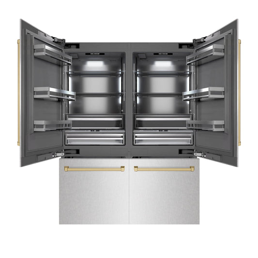 ZLINE Autograph Edition 60 in. 32.2 cu. ft. French Door Built-In Bottom Freezer Refrigerator with Water Dispenser and Ice Maker in DuraSnow® Stainless Steel with Graphite Gray Interior and Champagne Bronze Accents (GRBIVZ-SN-60-CB)