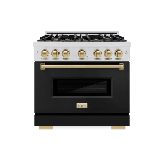 ZLINE Autograph Edition 36 in. 5.2 cu. ft. Classic Gas Range with 6 Burner Cooktop and Convection Gas Oven in DuraSnow® Stainless Steel with Black Matte Door and Champagne Bronze Accents (CGRSZ-BLM-36-CB)