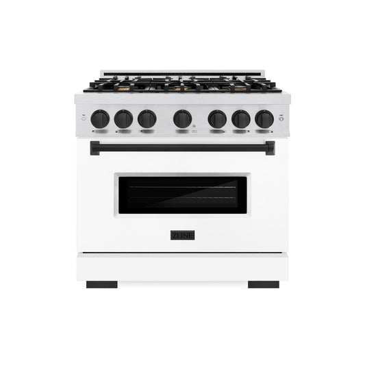 ZLINE Autograph Edition 36 in. 5.2 cu. ft. Classic Gas Range with 6 Burner Cooktop and Convection Gas Oven in DuraSnow® Stainless Steel with White Matte Door and Matte Black Accents (CGRSZ-WM-36-MB)