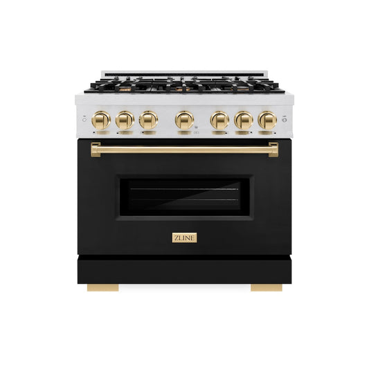 ZLINE Autograph Edition 36 in. 5.2 cu. ft. Classic Gas Range with 6 Burner Cooktop and Convection Gas Oven in DuraSnow® Stainless Steel with Black Matte Door and Polished Gold Accents (CGRSZ-BLM-36-G)