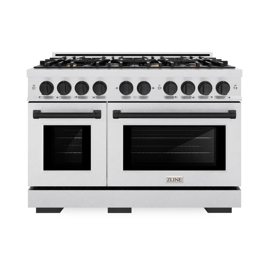 ZLINE Autograph Edition 48 in. 6.7 cu. ft. Select Double Oven Gas Range with 8 Burner Cooktop in DuraSnow® Stainless Steel and Matte Black Accents (HGRSZ-48-MB)